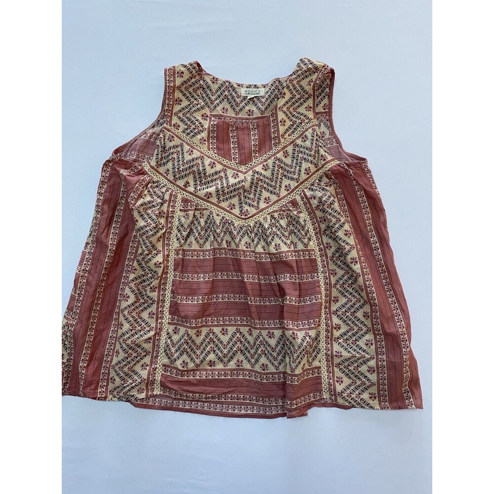 Novica Pink Floral Geometric Cotton Block Print Tank Top Boho Festival Peasant